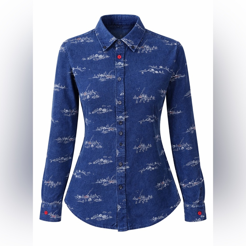 Moods of Norway Scenic Print Button Down Shirt Scandinavian Folk Art Medium